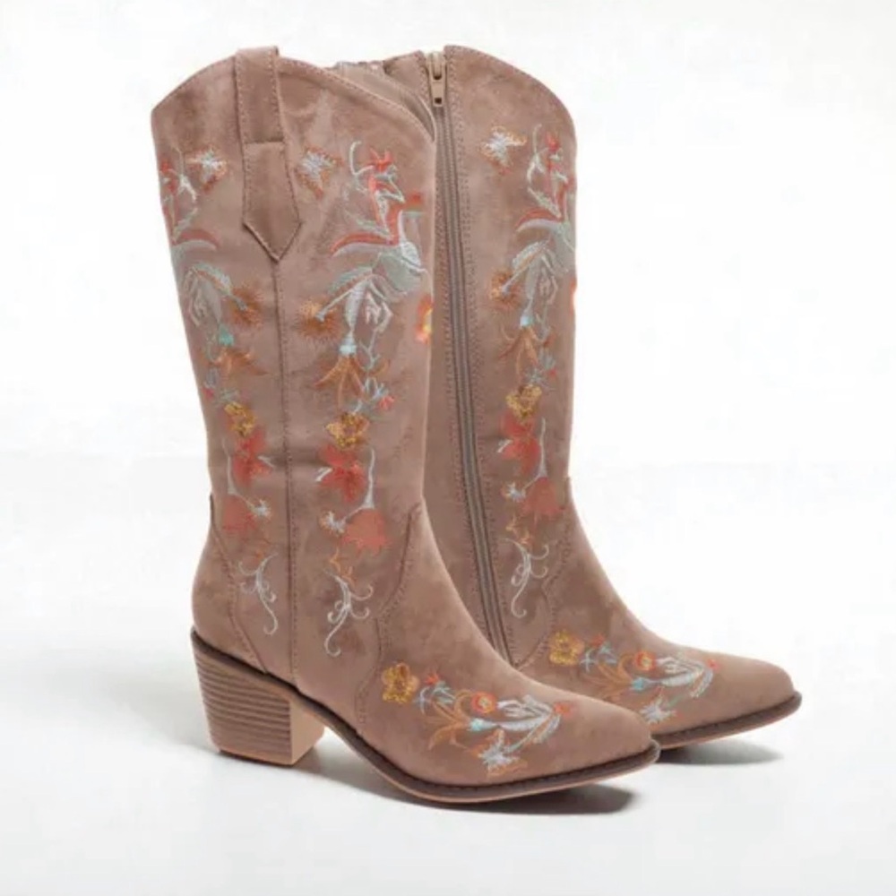 Taupe Faux Suede Desert Bloom Embroidered Boots - Picture 2 of 6
